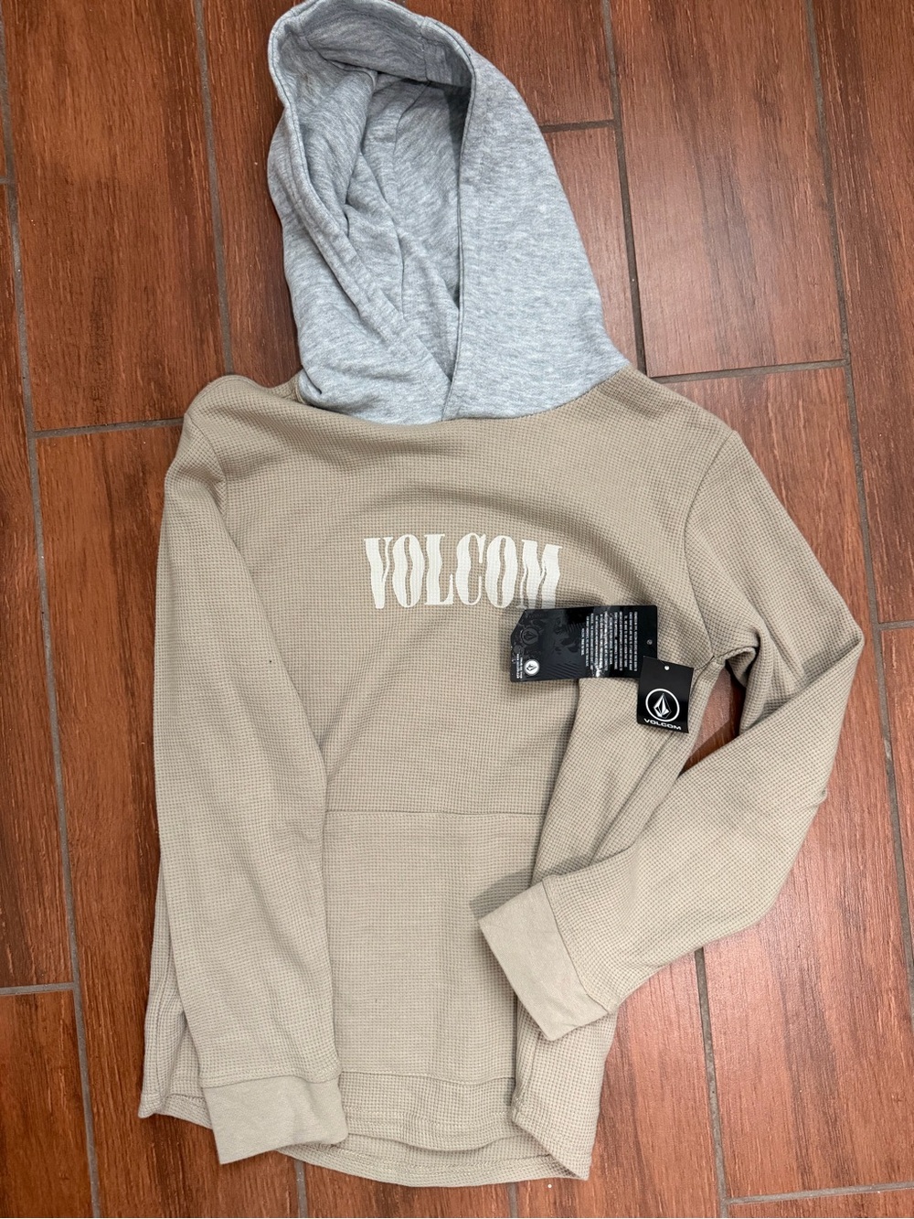Youth Volcom Beige Waffle Knit Hooded Pullover with Gray Hood